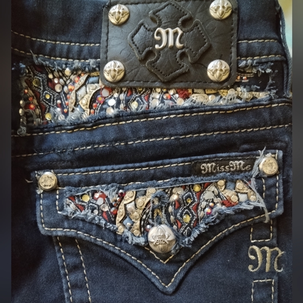 Miss Me Dark Blue Jeans with Colorful Embellishments Sz28 Extra Long